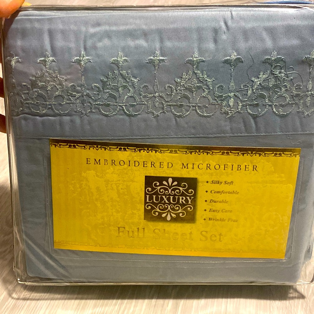 Brand New Luxury embroidered microfiber sheet set, light blue